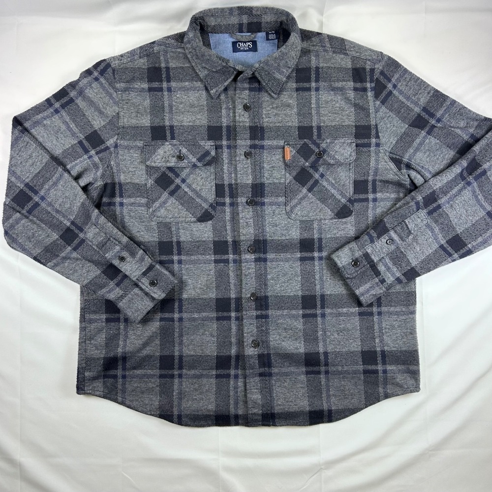 Chaps Button Down Shirt Jacket Gorpcore Workwear Cabincore Blue Gray Plaid XL/TG